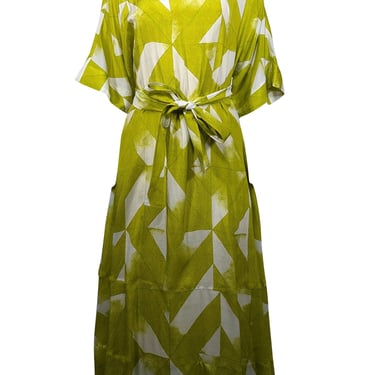 Natori - Chartreuse &amp; White Print Silk Midi Dress Sz M