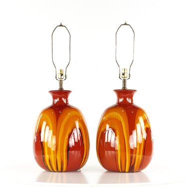 Mid Century Ceramic Drip Glaze Lamps - Pair - mcm 