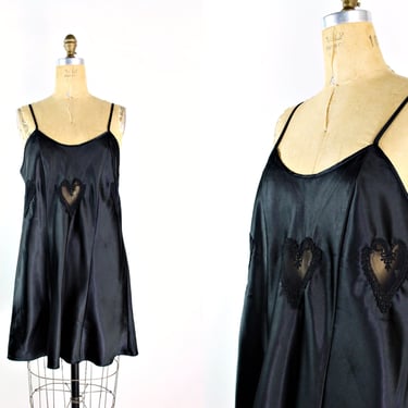 80s Black Heart Mini Slip Dress / Hearts cut out Slip Dress / Size M/L 