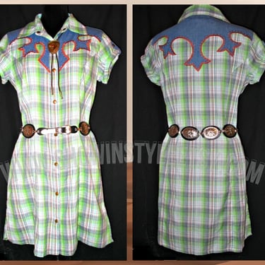 Women's Vintage Western Retro Cowgirl Dress, Rodeo Queen, Lime Green & Blue Plaid with Denim Yokes, Tag Size Medium, (see meas. below) 