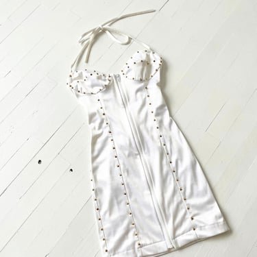 Vintage White Spandex Studded Zip Front Halter Neck Dress 