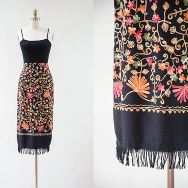 black embroidered skirt | 90s y2k vintage chainstitch embroidery bohemian floral piano shawl fringed long midi skirt 