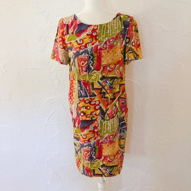 80s Albert Nipon Expressionist Silk Dress | Small 