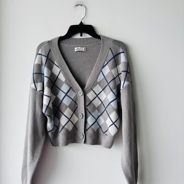 Y2K Hollister Cardigan Sweater Argyle Crop Gray Womens Medium Preppy Academia 