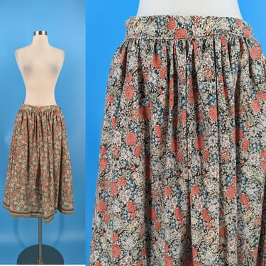 Vintage Seventies Floral Print Midi Skirt - 70s Medium Cotton Print Mid Length Skirt 
