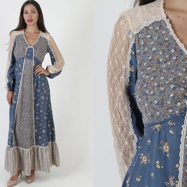 Jody T Calico Of California Floral Maxi Dress / Vintage 70s Country Prairiecore Style / Sheer Lace Sleeve Blue Bouquet Print, Tag Size 11 