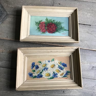 Pair French Floral Paintings, Still Life, Framed, On Board, Signed, Colorful Floral Painting, French Vintage Artwork 