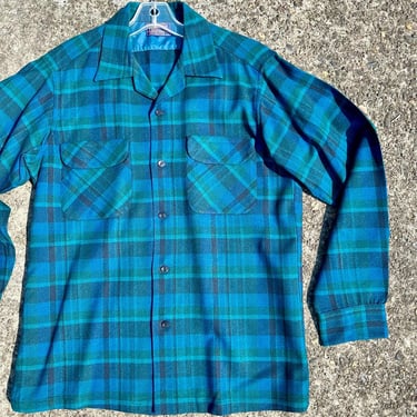 Vintage 60’s Pendleton shirt~ Wool plaid Green-Blue / bright teal colors Plaid ~ 1960’s menswear Rockabilly Mod men’s fashion /size Medium 