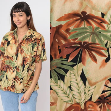 Tropical Hawaiian Blouse 90s Hilo Hattie Button Up Shirt Brown Monstera Leaf Print Top Short Sleeve Botanical Vacation Vintage 1990s Large L 