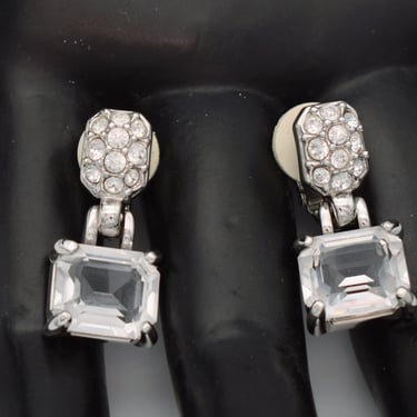 Vintage Swarovski swan crystal & silver plate clip ons, geometric edgy bling designer dangle earrings 