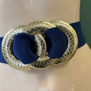 navy infinity belt 1980s elastic stretch gold double circle medium / large 