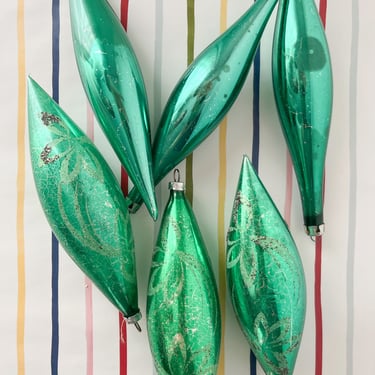 Set of Six Vintage Green Tear Drop Glass Ornaments from Poland and West Germany 