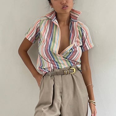 60s awning stripe blouse / vintage cotton pastel multi color striped oxford cloth Peter Pan collar blouse | Extra Small 