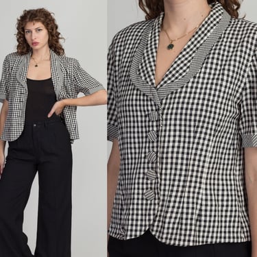 80s Black & White Gingham Button Up Top - Large | Vintage Short Sleeve Collared Checkered Blouse 