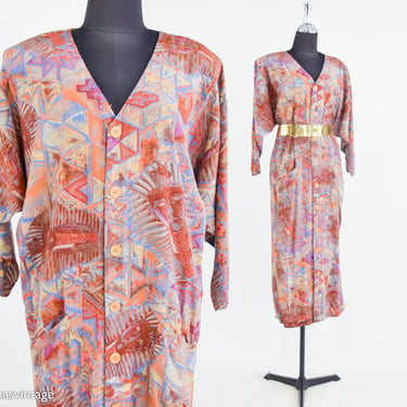 1980s  Brown Abstract Print Dress | 80s Colorful Ethnic Print Dress | Chicos | Size 1 