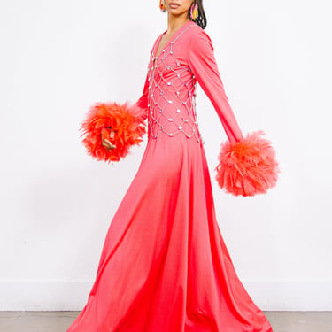 Victor Costa Bright Pink Feather Trimmed Maxi Dress