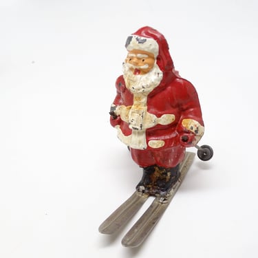 Vintage 1940's Cast Iron Santa on Skis with Poles, Antique Hand Painted Toy Figure for Christmas, Retro Decor 