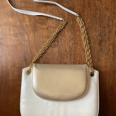 Vintage White and Bronze Leather Shoulder Bag Purse with Gold Chain Strap 