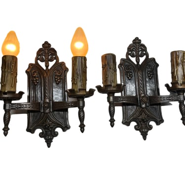 Tudor style cast bronze double light wall sconces with revived original finish #2379 