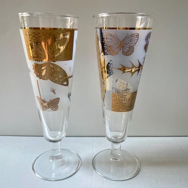 Vintage Pair of Gold Butterfly Thistle Pilsner Cocktail Champagne Glasses | Mid Century MCM Bar 
