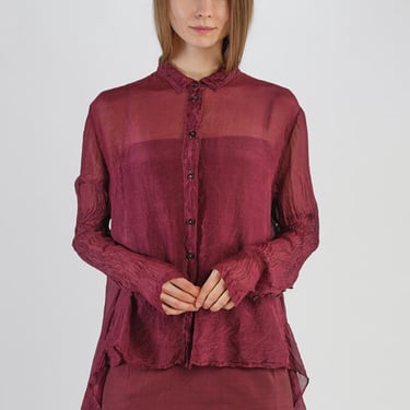 Sheer Asymmetric Hem Crinkle Texture Silk Blouse