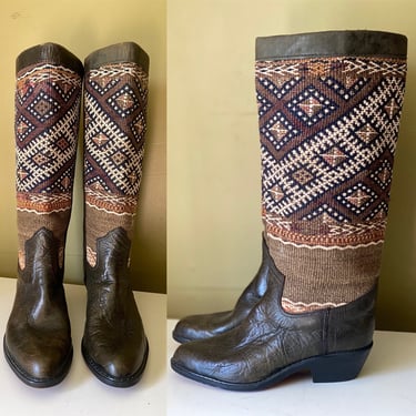 vintage sz 8 TIMBUKTU Kilim boots / 80s handmade leather woven wool knee high boots shoes 38  brown loden green 