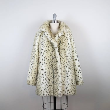 Vintage 1970s faux fur coat leopard animal print swing jacket duster large 
