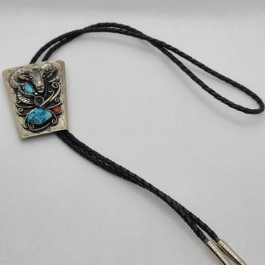 Turquoise & Coral Bolo Tie- Silver Native American - Southwest Style - Southwestern Style - Squaw Wrap Phx / Phoenix 
