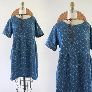micro floral denim dress - m - vintage 90s 1990s y2k blue jean flowery cottage cute knee short sleeve womens cotton 