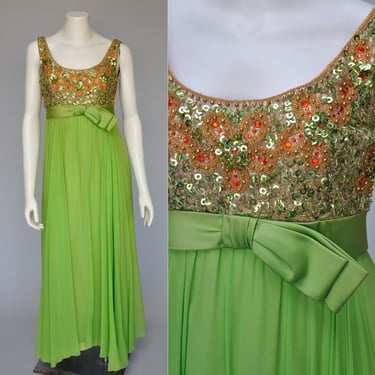 1960s lime green and gold sequin maxi party dress XS/S 