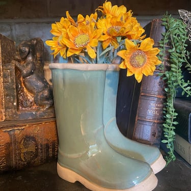 Green Rain Boot Vase and planter, housewarming gifts, grandmillennial, retro home decor, colorful home decor, unique vases, hostess gifts 