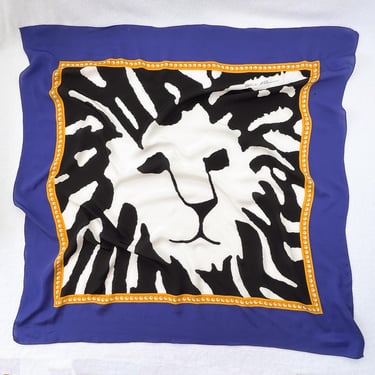 Vintage Anne Klein Scarf Lion Head Print Black White Blue Headscarf Retro Hair Tie for Handbag Scarf for Neckwear Fashion For Her 