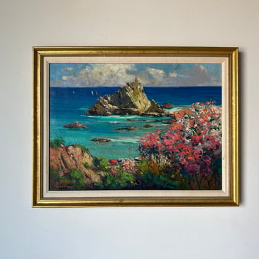 70's Vintage " Rock in Cameri" Impressionist Oil Painting, Framed 