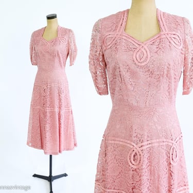 1940s Pink Lace Cocktail Dress  | 40s Pink Lace Formal Dress | Old Hollywood | Medium 