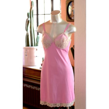 Vintage Slip Dress Nighty - Rose Lace Trim - Bright Pink - 1960s - Vintage Lingerie - Gossard Artemis, Barbie 