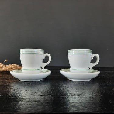 Pair of Antique Brulot Coffee Cups and Saucers, Parisian Cafe, Mint Green White Porcelain Coffee Cups French Cafe Cups, French Bistro 