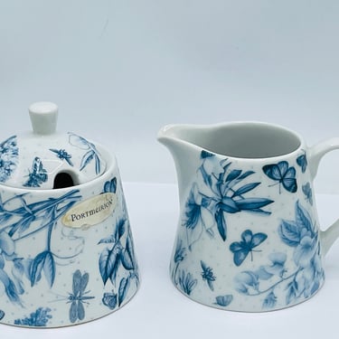 Vintage Botanical Blue Portmeirion  Sugar Bowl and Creamer- Great Condition 