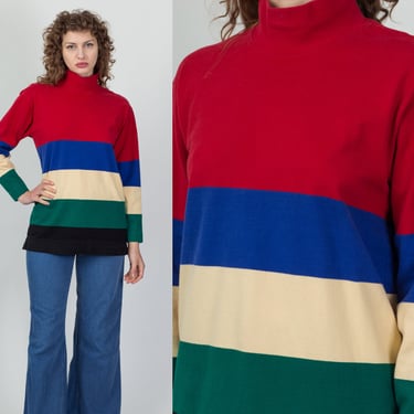 90s Striped Mockneck Sweatshirt - Medium | Vintage Oversize Color Block Cotton Long Sleeve Shirt 