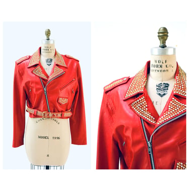 Vintage Red Leather Biker Jacket with Rhinestones Gold Studs Small Medium// Metallic Studded REd Leather Motorcyle Jacket by LA ROXX 