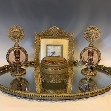 Vintage Gold Ormolu Filagree Cherub Rose Dresser Vanity 5 PC set Amber Glass 