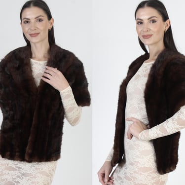 Genuine Mahogany Mink Fur Stole, Dark Brown Natural Real Wrap, 60s Wedding Cape, Vintage Bridal Bolero 