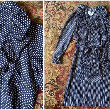 Vintage ‘70s navy blue polka dot dress | deep ruffled scoop neck with sash, M 