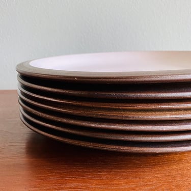 Heath dinner plates / vintage set of 7 brown and white Gourmet rim line full-size plates / 1960s–1970s California ceramics 