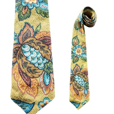 Vintage 60s Barkcloth Necktie Yellow Floral Print 