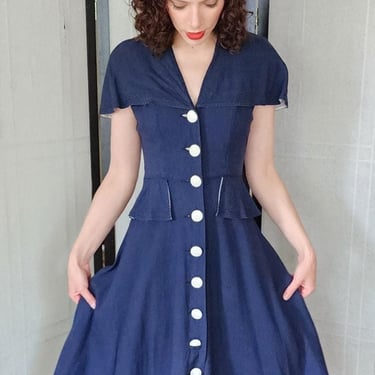 Vintage 40s Navy Blue Summer Dress White Buttons Shawl Collar 