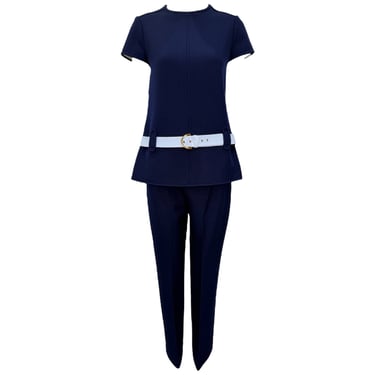 Courrèges 1960's Mod Navy Blue Wool Pantsuit with Patent White Belt