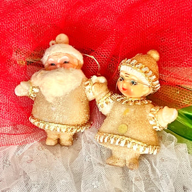 Vintage Ornaments, Glittery, Santa Claus and Mrs. Claus, Set 2, Vintage 60s Mid Century Holiday Decor, Christmas Tree and Wreath Decor 