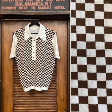 Vintage 1960’s Checkerboard Mod Panel Banlon Rockabilly Shirt, 60’s Polo Shirt, Vintage Clothing 