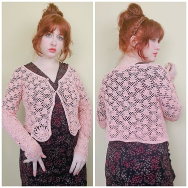 1990s Vintage Ramie Cotton Peach Crochet Sweater / 90s Sweet Cottage Core Sheer Floral Cropped Cardigan / Small 