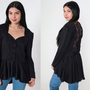 Vintage Black Lace Blouse 80s Puff Sleeve Top Peplum Hem Shirt High Low Hem Button up Shirt Longline Bohemian Romantic Long Sleeve Medium 